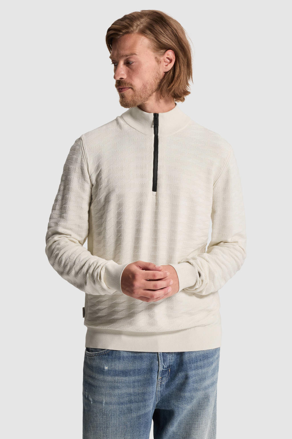 Ecru heren Cast Iron regular fit gebreide trui van viscose met effen, lange mouwen en opstaande kraag