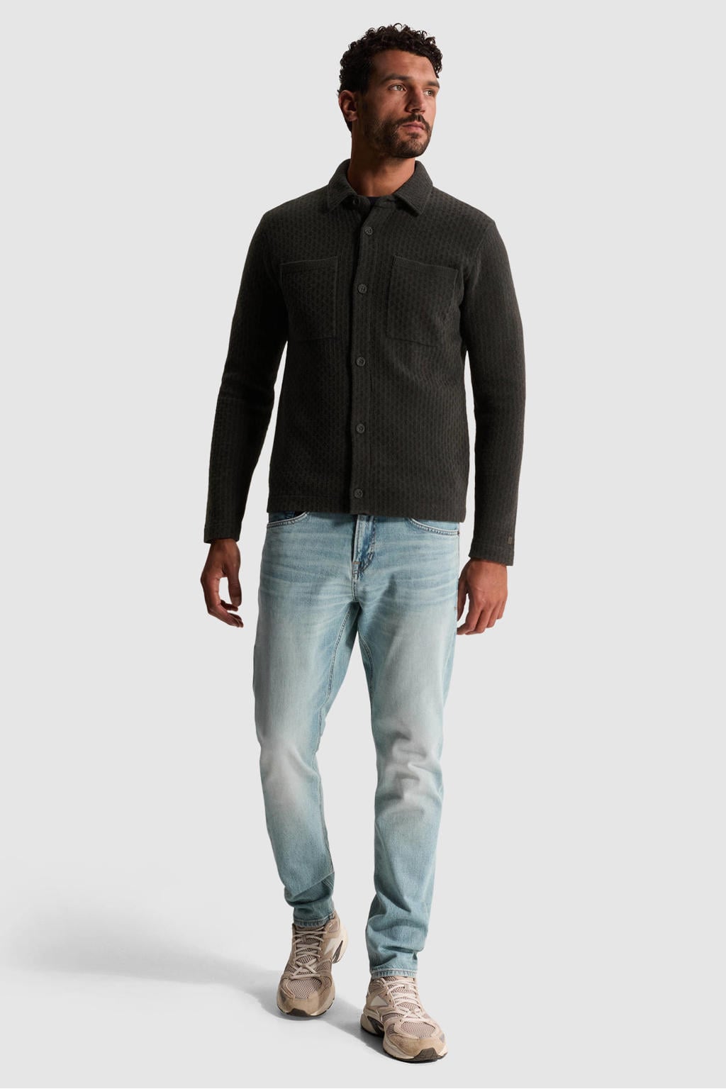Antraciete heren Cast Iron regular fit gebreid overshirt van polyester met lange mouwen en klassieke kraag
