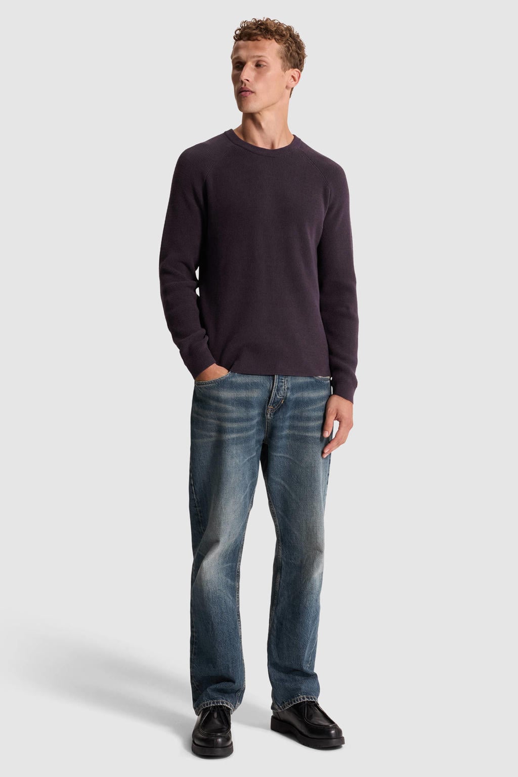 Donkerblauwe heren Cast Iron regular fit gebreide trui van chenille met effen en lange mouwen