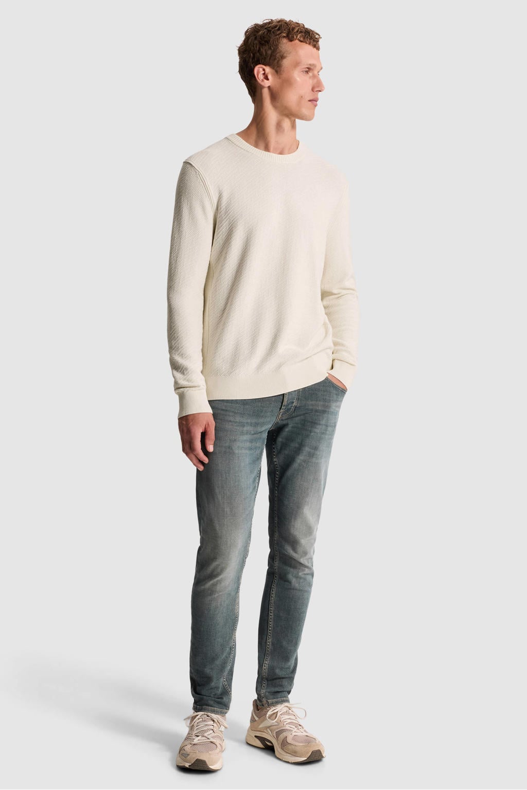 Ecru heren Cast Iron regular fit gebreide trui van viscose met effen en lange mouwen