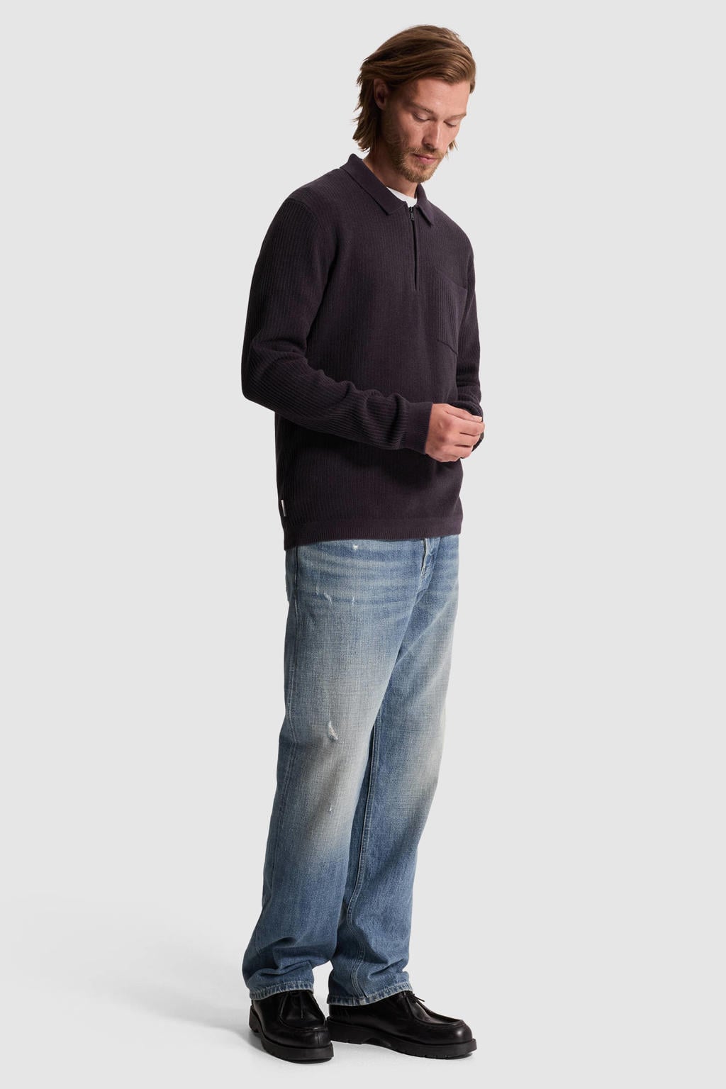 Donkerblauwe heren Cast Iron regular fit trui van polyester met effen, lange mouwen en polo kraag