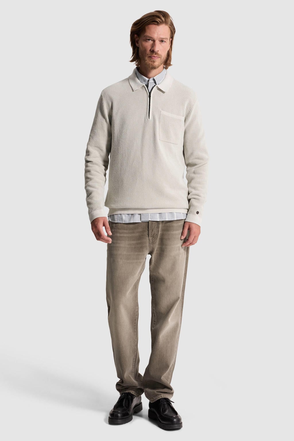 Ecru heren Cast Iron regular fit trui van polyester met effen, lange mouwen en polo kraag