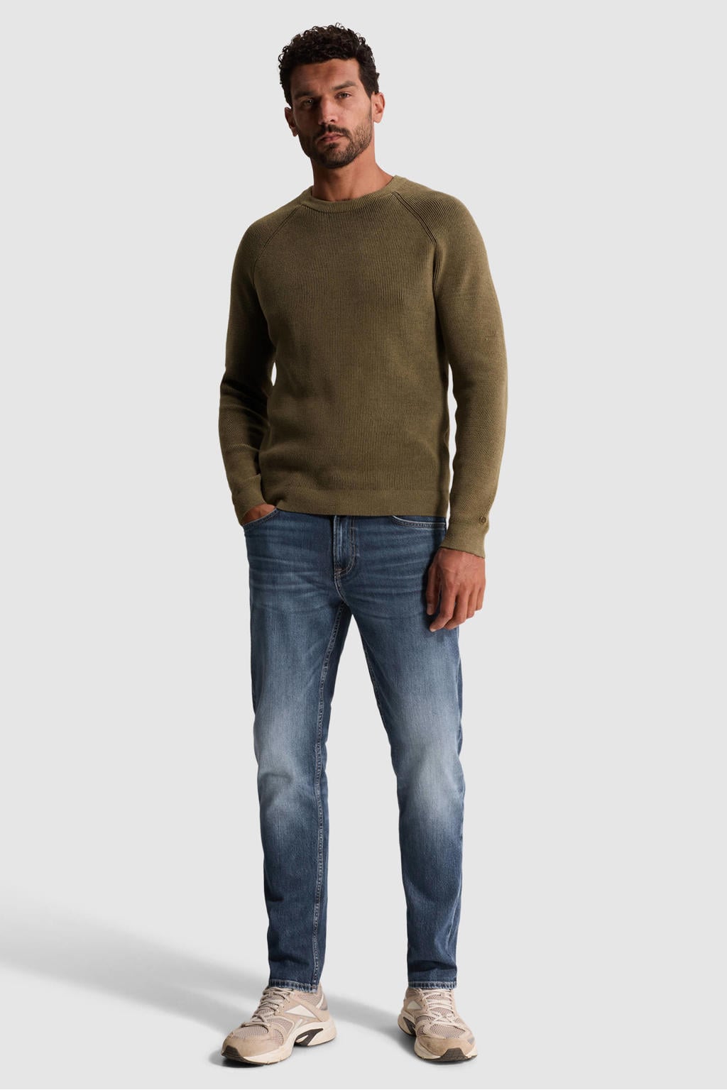 Groene heren Cast Iron regular fit gebreide trui van chenille met effen en lange mouwen