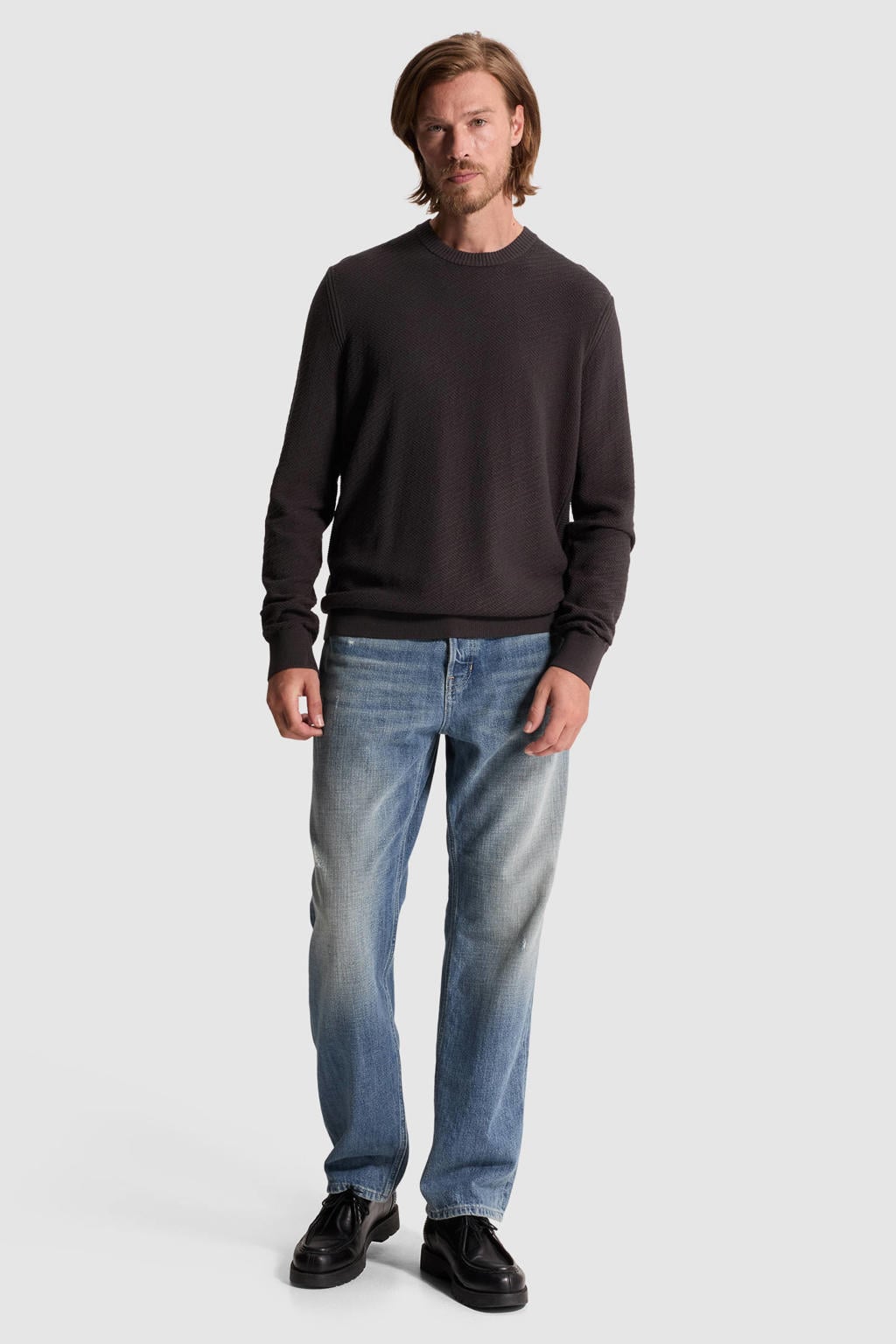 Antraciete heren Cast Iron regular fit gebreide trui van viscose met effen en lange mouwen