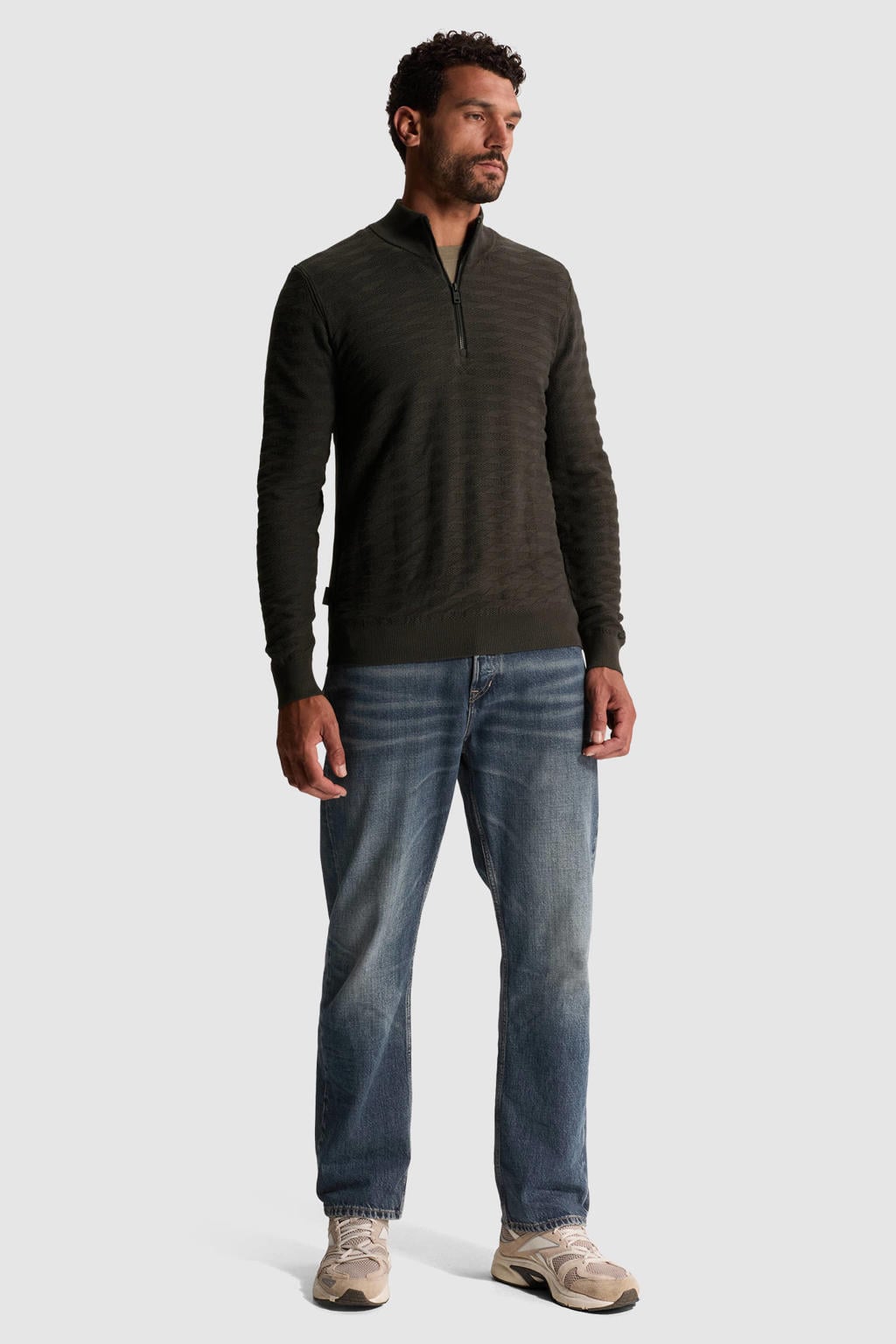 Antraciete heren Cast Iron regular fit gebreide trui van viscose met effen, lange mouwen en opstaande kraag