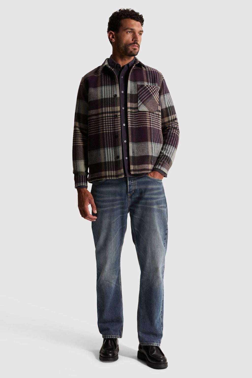 Donkerpaarse heren Cast Iron wollen regular fit geruit overshirt met lange mouwen en klassieke kraag