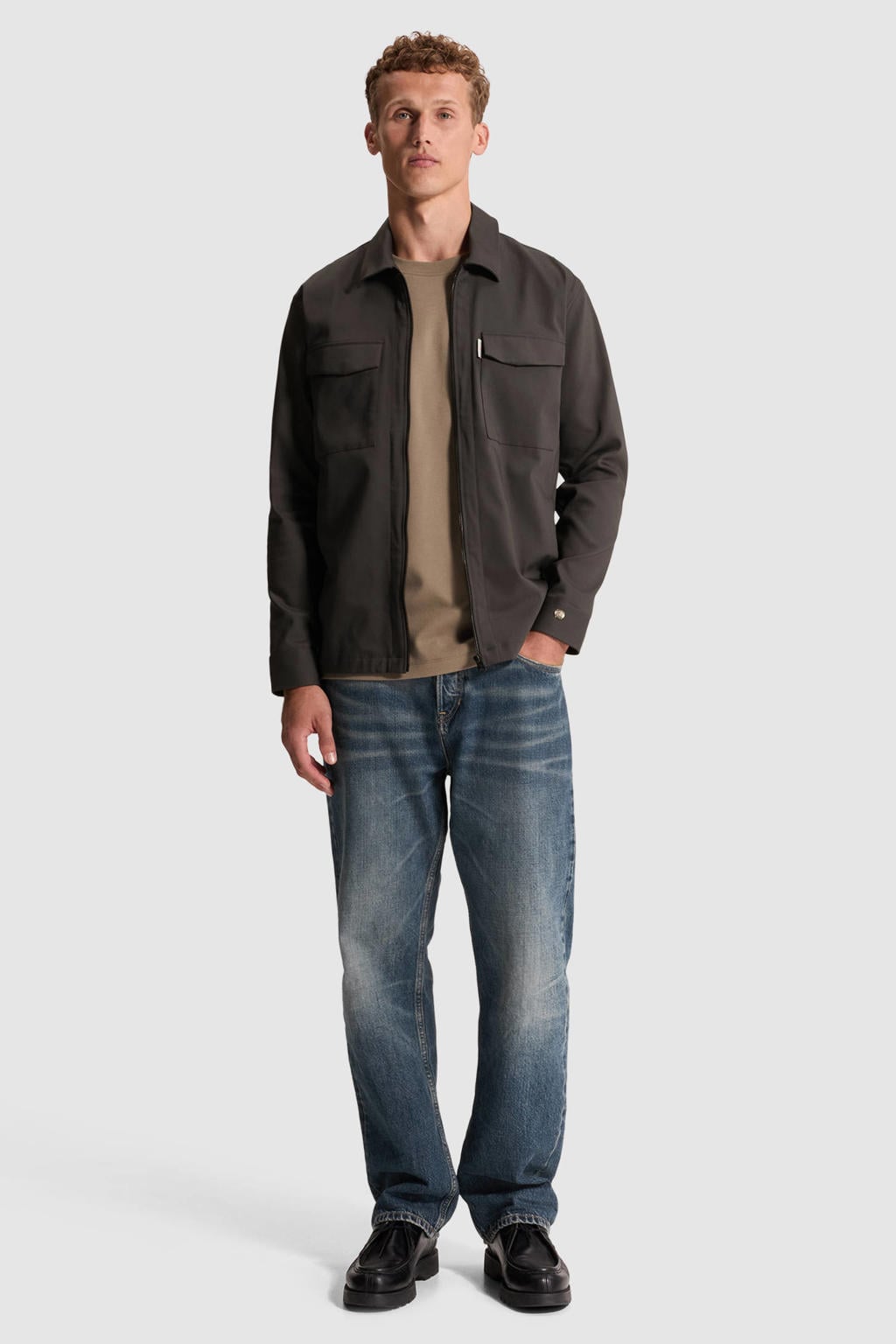 Antraciete heren Cast Iron regular fit overshirt van katoen met effen, lange mouwen en klassieke kraag