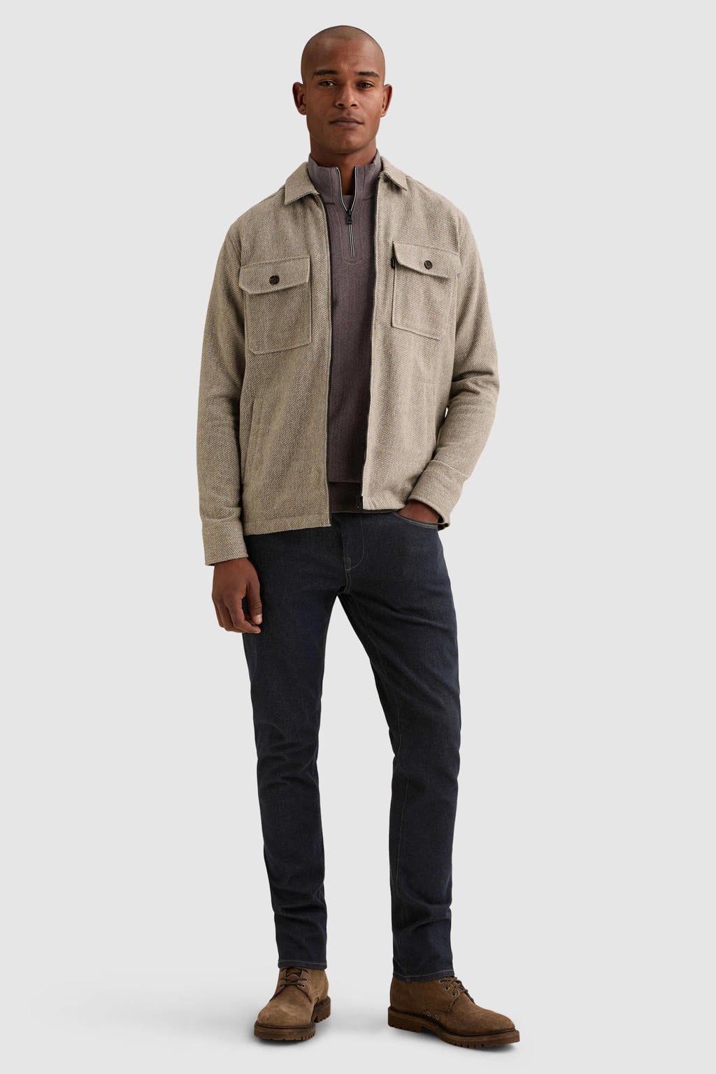 Beige heren Vanguard regular fit gemêleerd overshirt van katoen met melée print, lange mouwen en klassieke kraag