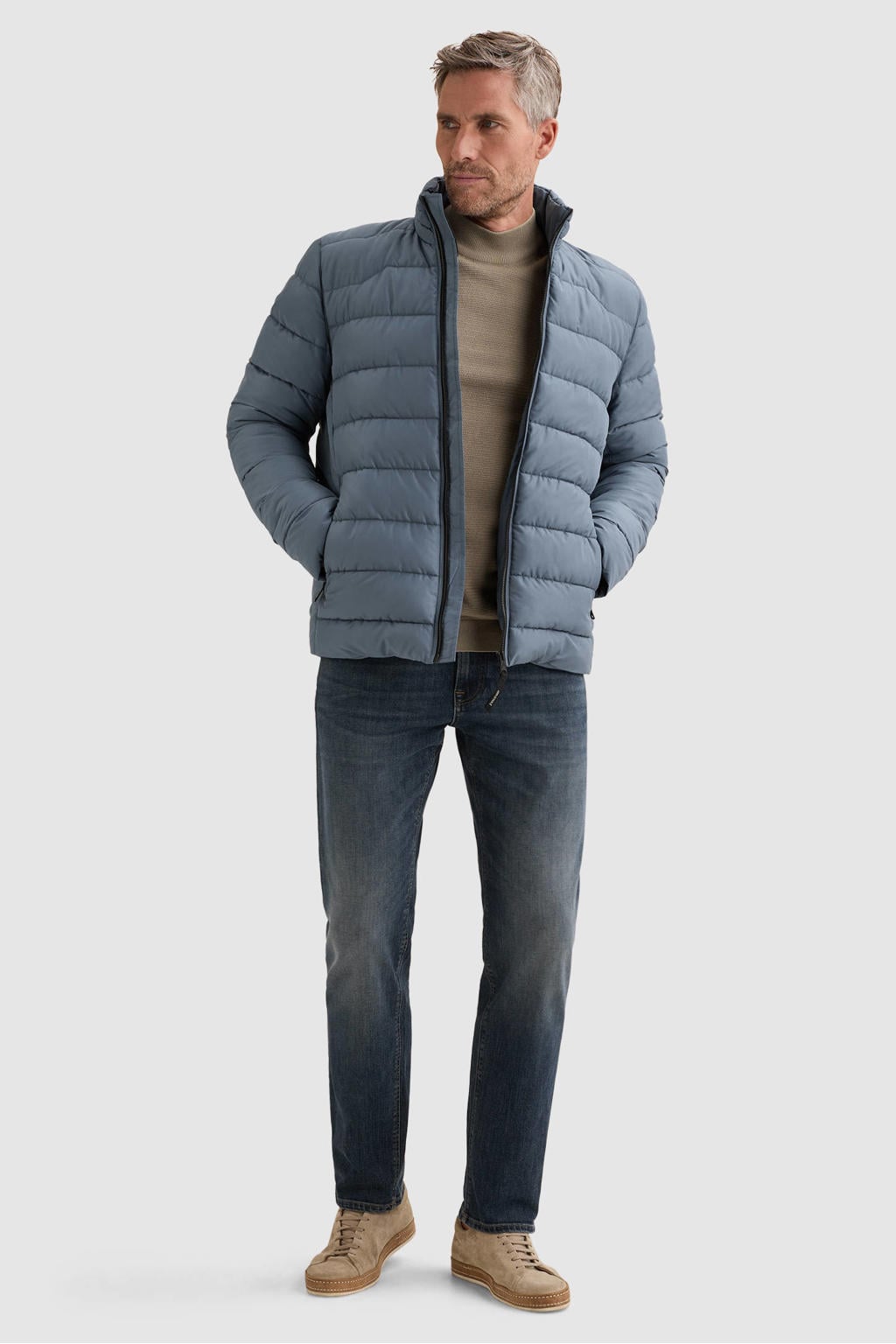 Blauwe heren Vanguard gewatteerde jas van polyester met effen, lange mouwen, ritssluiting en doorgestikte details