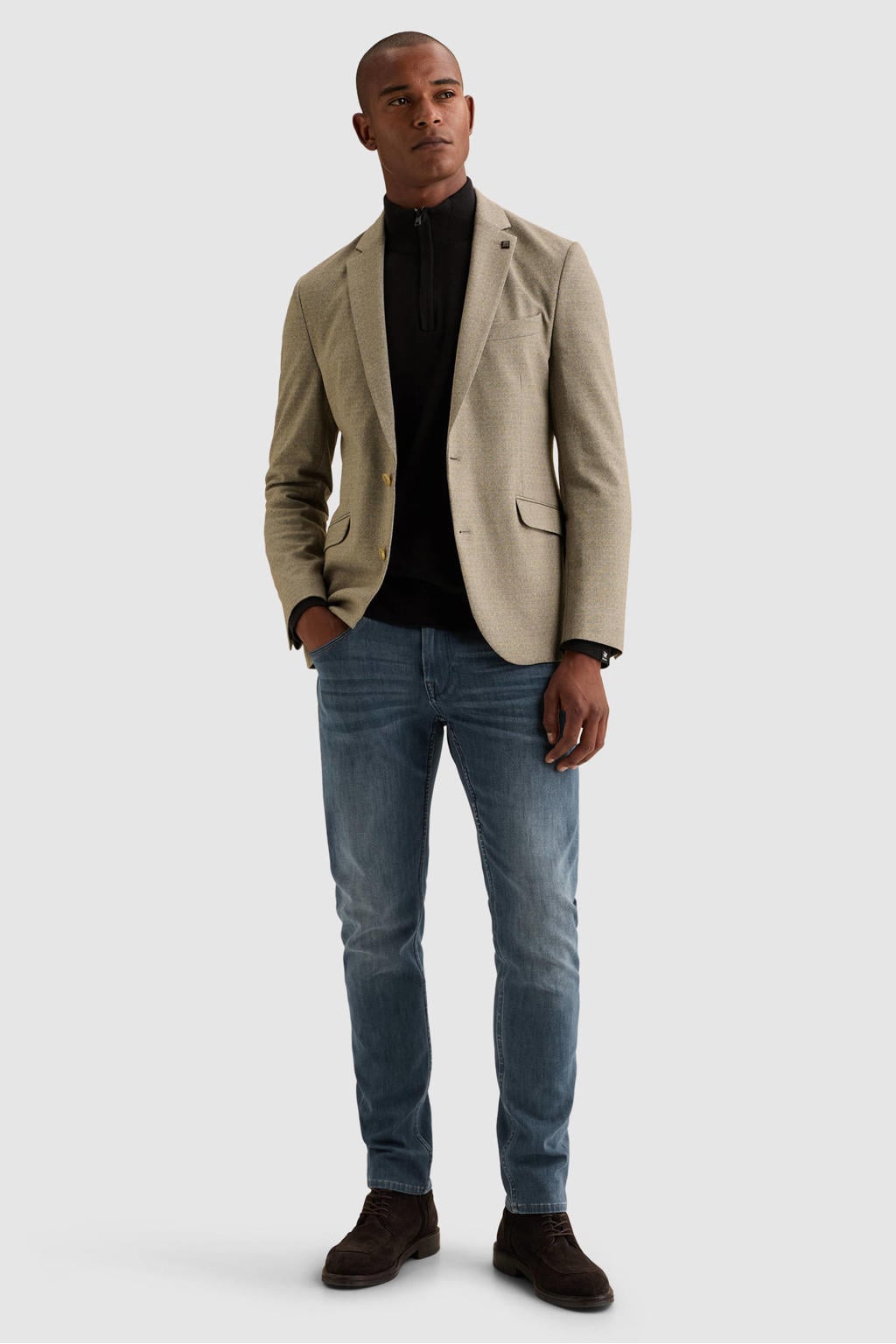 Beige heren Vanguard gemêleerde colbert van polyester met melée print, reverskraag en knoopsluiting