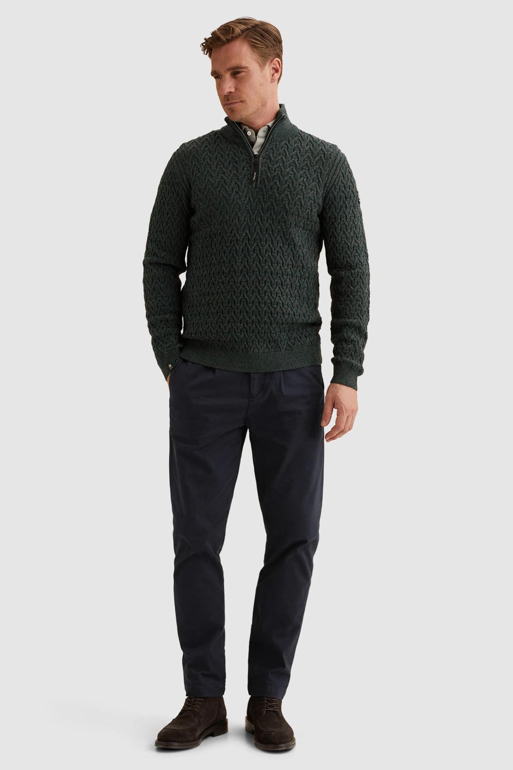 Donkergroene heren Vanguard regular fit gebreide trui van wol met effen, lange mouwen en opstaande kraag