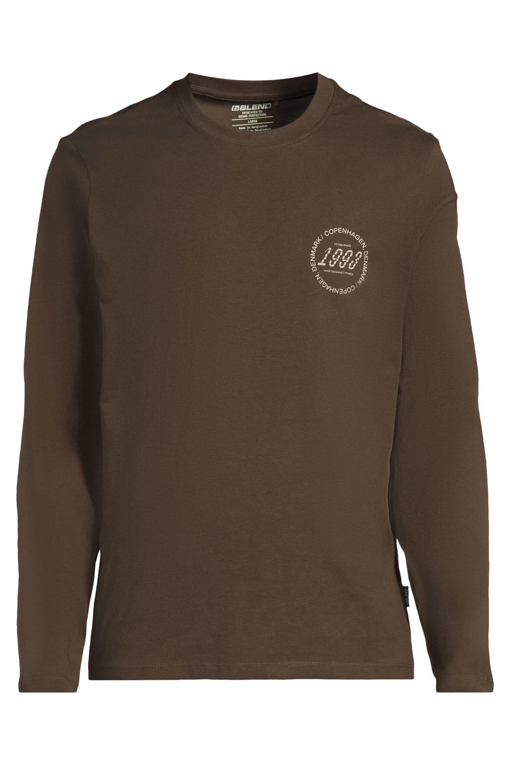 Bruine heren Blend regular fit longsleeve van katoen met lange mouwen en ronde hals