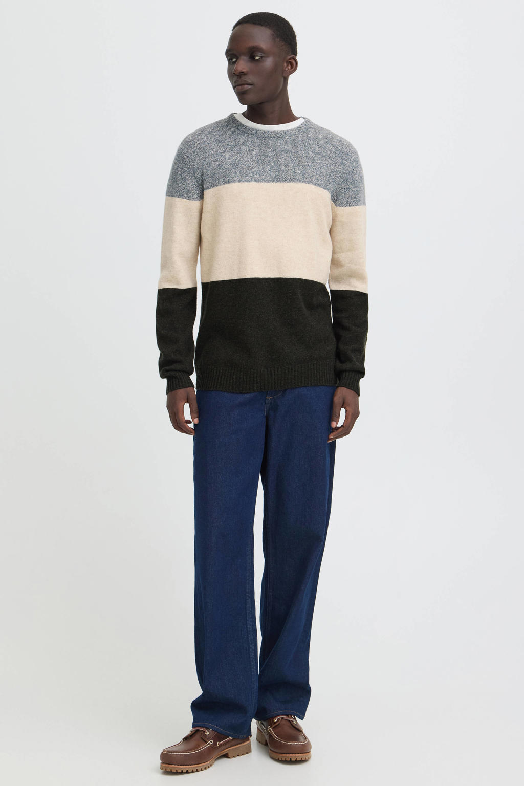 Blend regular fit gebreide gestreepte trui met wol - blauw