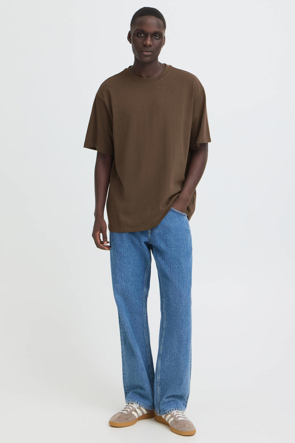 Donkerblauwe heren Blend oversized T-shirt van katoen met effen, korte mouwen en ronde hals