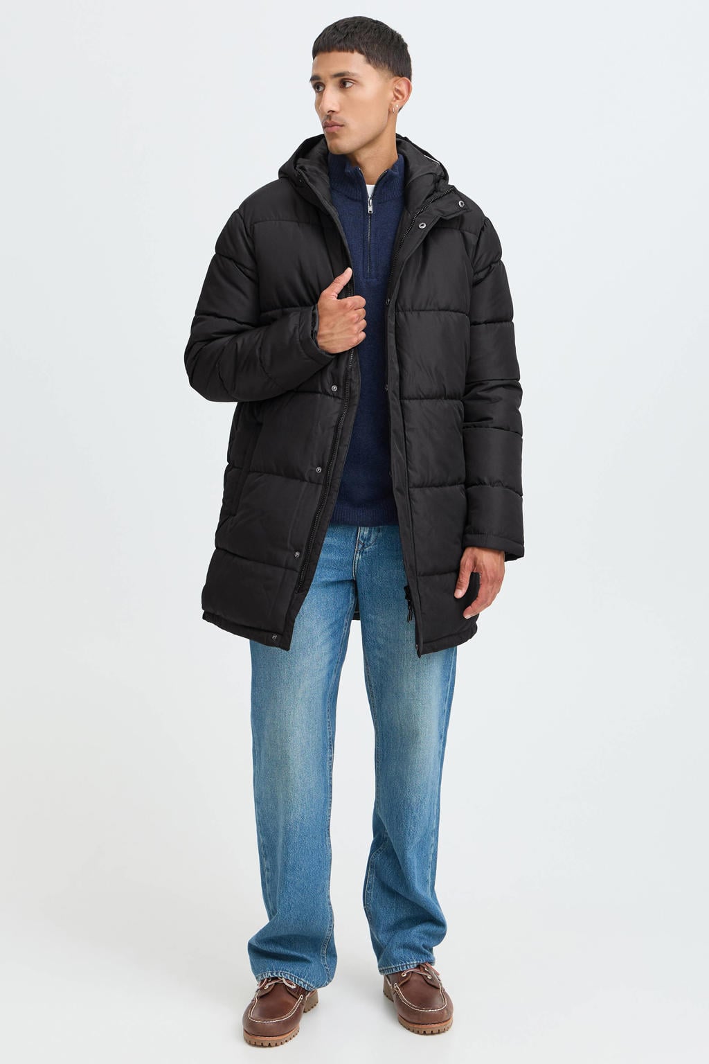 Zwarte heren Blend winterparka van polyester met effen, lange mouwen, capuchon, 2-way rits met windvanger en doorgestikte details