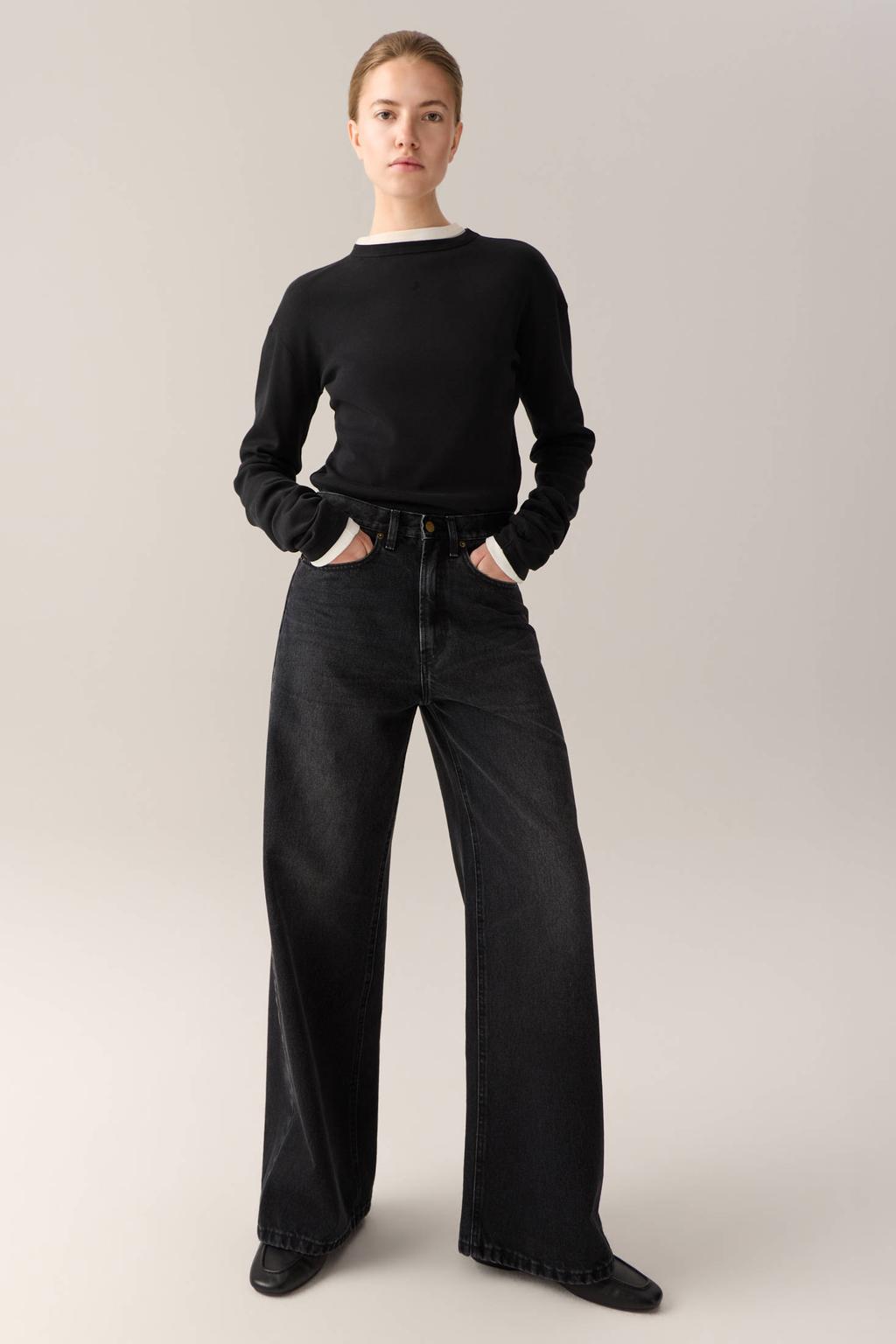Black denim dames Lois Skater Loose-Z wide leg jeans van denim met rits- en knoopsluiting en effen