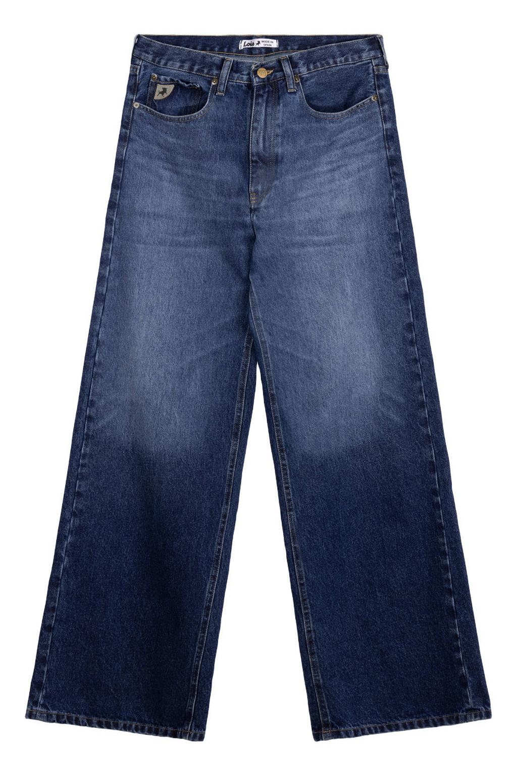 Dark blue denim dames Lois Skater Loose-Z wide leg jeans van denim met rits- en knoopsluiting en effen