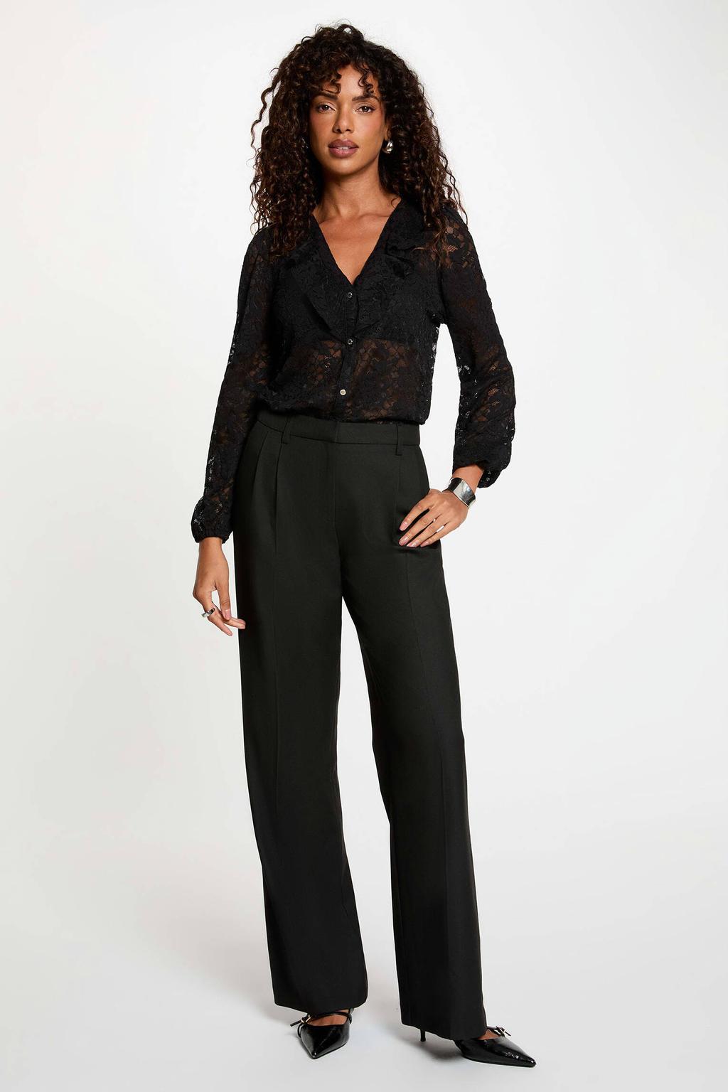 Morgan kanten semi-transparante blouse met ruches - zwart