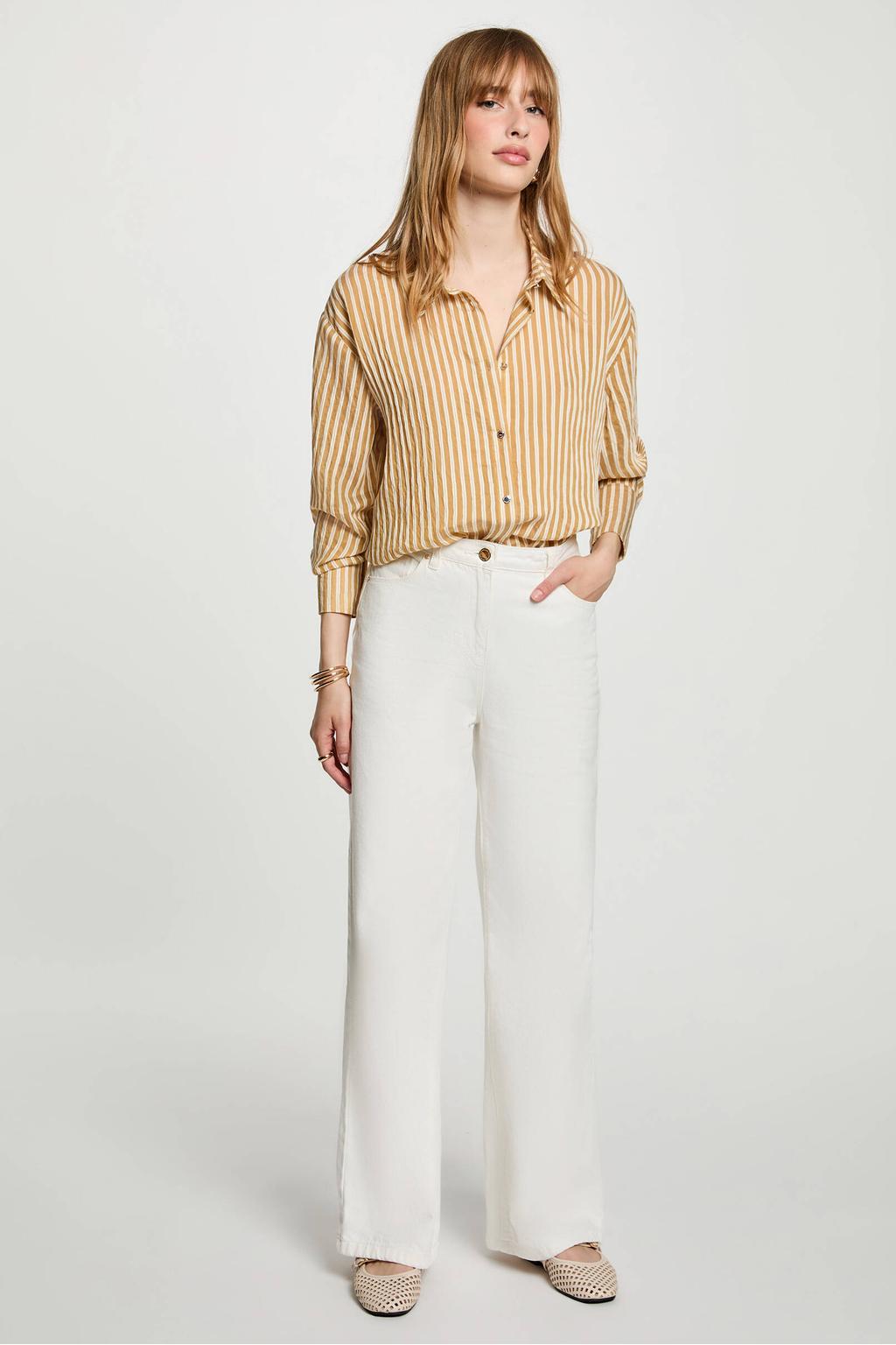 Camel en ecru dames Morgan gestreepte blouse van viscose met lange mouwen, klassieke kraag en knoopsluiting