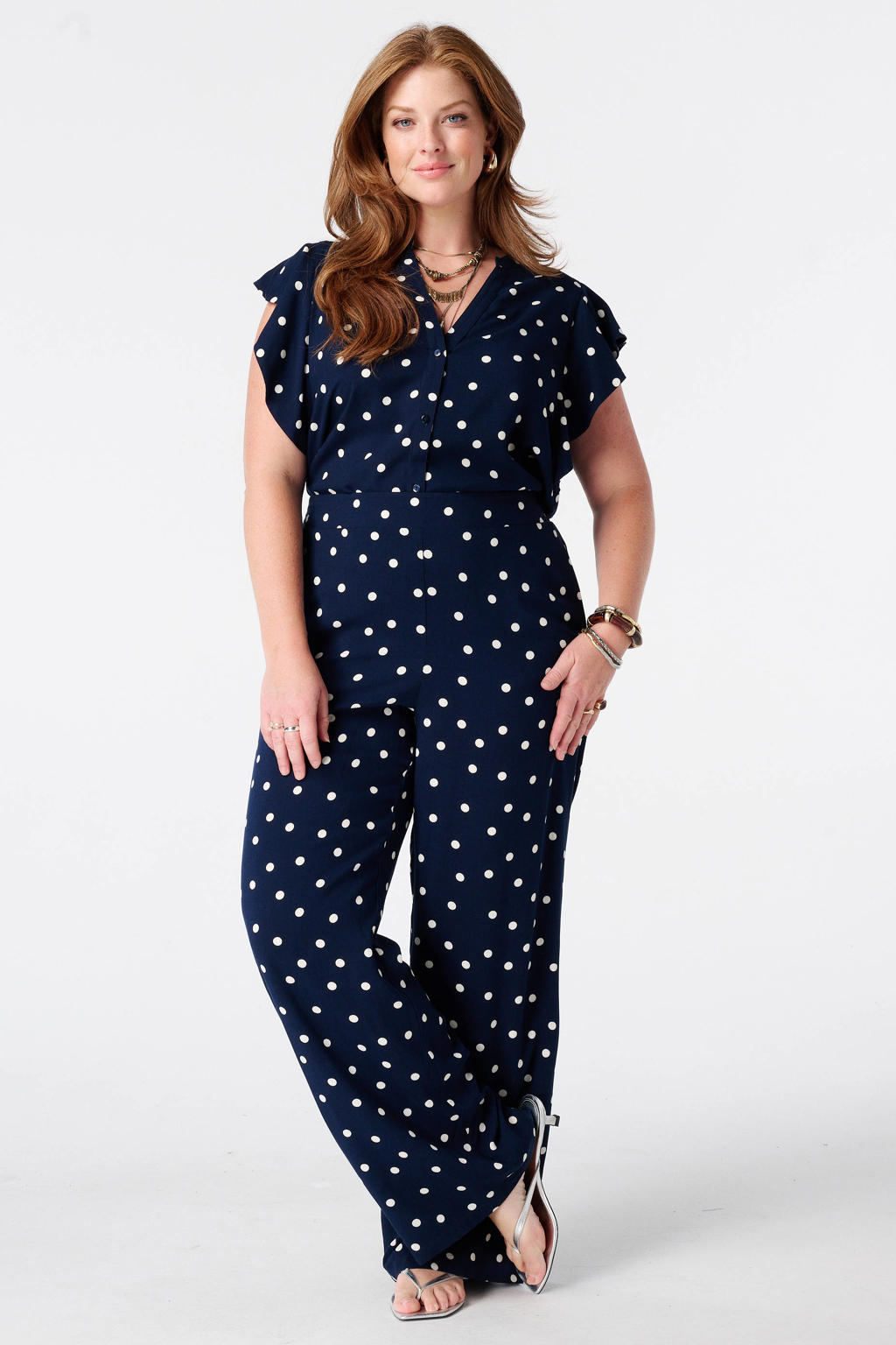 Blauw en witte dames MS Mode flared broek Plus Size van viscose met regular waist, elastische tailleband en stippenprint