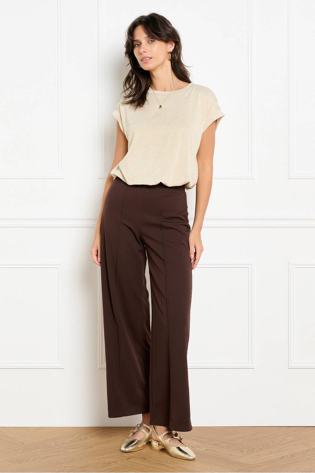 Beige dames LOLALIZA top van viscose met effen, korte mouwen, ronde hals en lurex