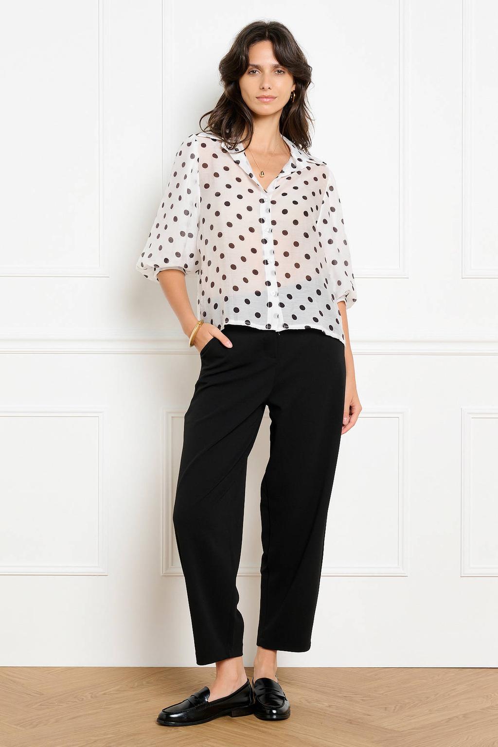 Witte dames LOLALIZA blouse van lyocell met stippenprint, korte mouwen, klassieke kraag en knoopsluiting