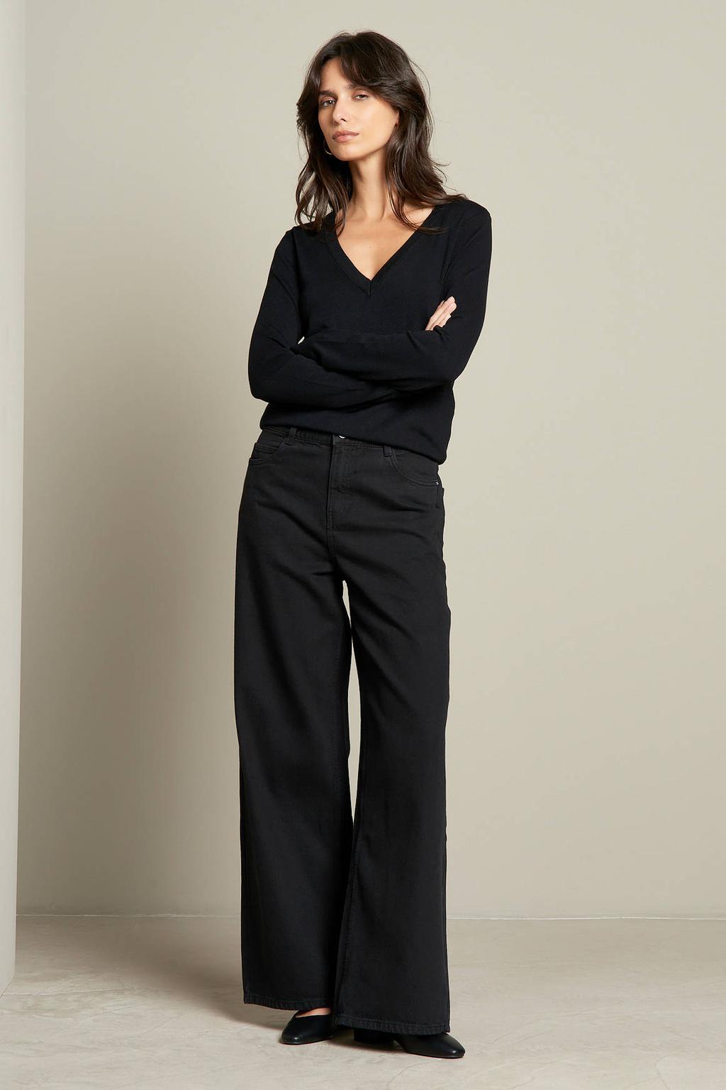 Black denim dames LOLALIZA wide leg jeans van denim met rits- en knoopsluiting en effen