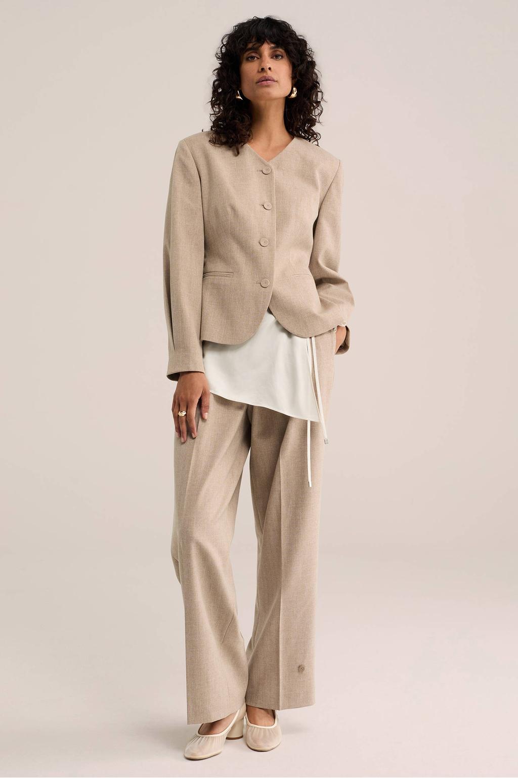 Beige dames WE STUDIO barrel broek van polyester met regular waist, rits- en haaksluiting en effen