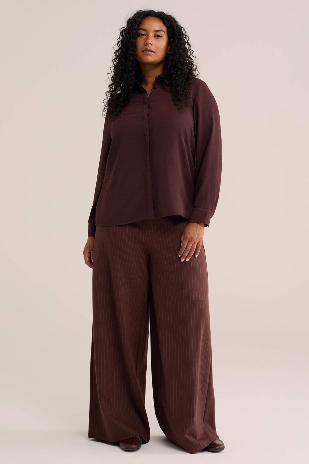 Bruine dames WE Fashion loose fit broek gemaakt van polyester en met elastische tailleband