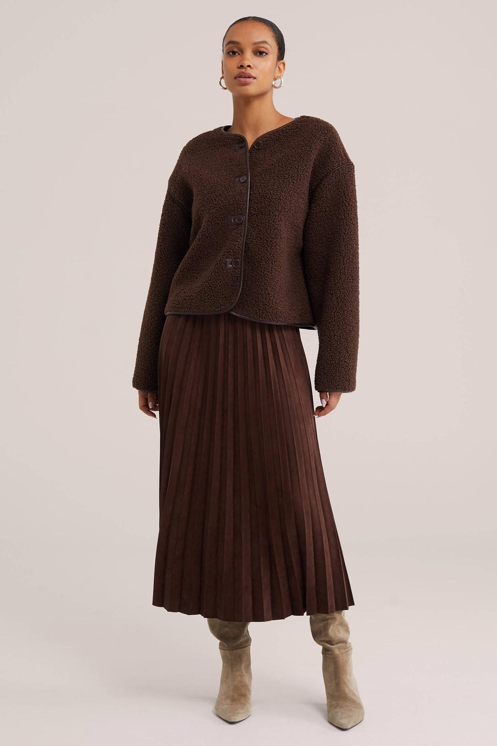 Bruine dames WE Fashion plissé midi rok gemaakt van polyester en met elastische tailleband