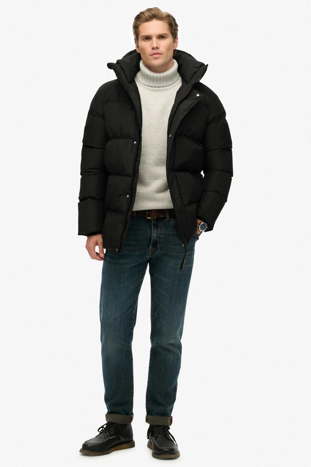 Zwarte heren Superdry quilted gewatteerde winterjas van polyester met effen, lange mouwen, capuchon, blinde ritssluiting en doorgestikte details