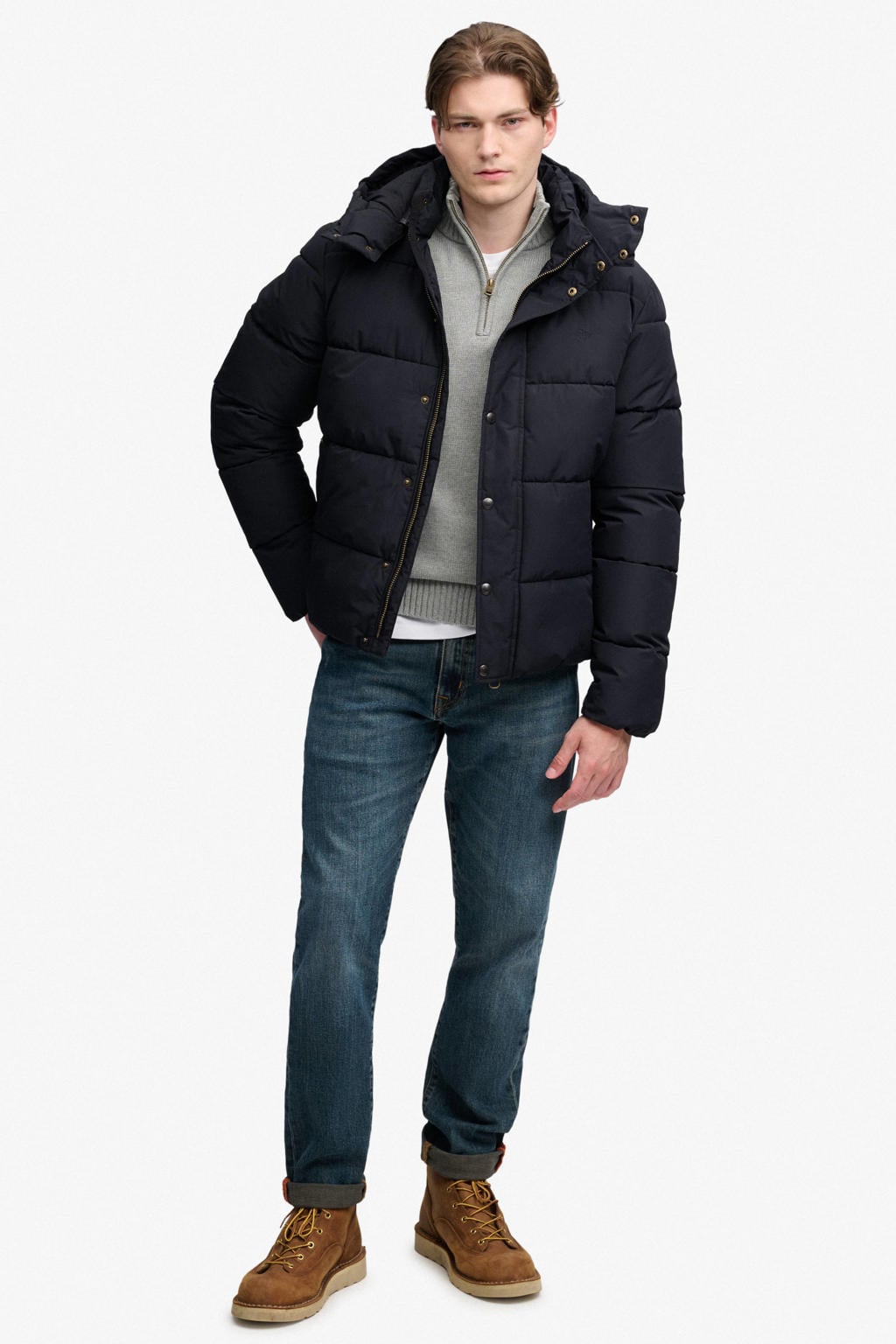 Zwarte heren Superdry gewatteerde jas van polyester met effen, lange mouwen, capuchon en rits- en drukknoopsluiting
