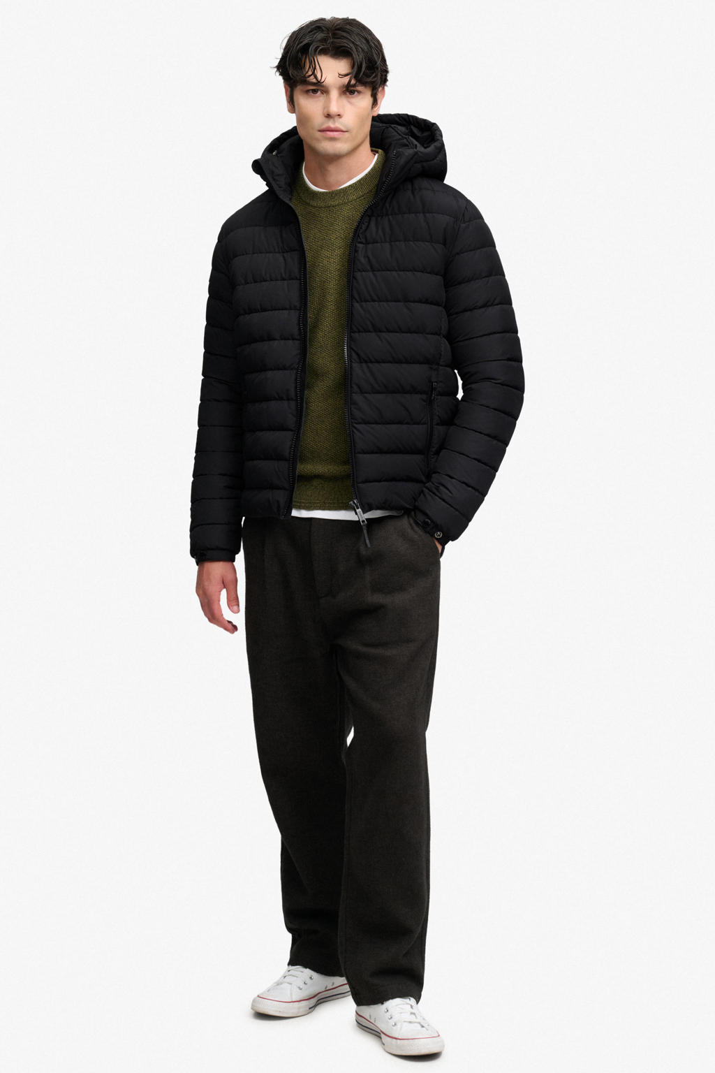 Zwarte heren Superdry quilted gewatteerde jas van polyester met effen, lange mouwen, capuchon, ritssluiting en doorgestikte details