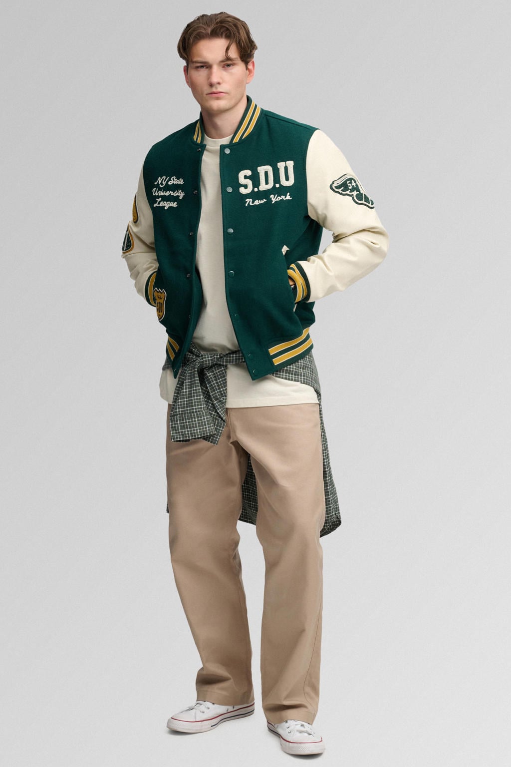 Donkergroene heren Superdry baseballjack oatmeal van wol met printopdruk, lange mouwen, opstaande kraag, drukknoopsluiting en patches