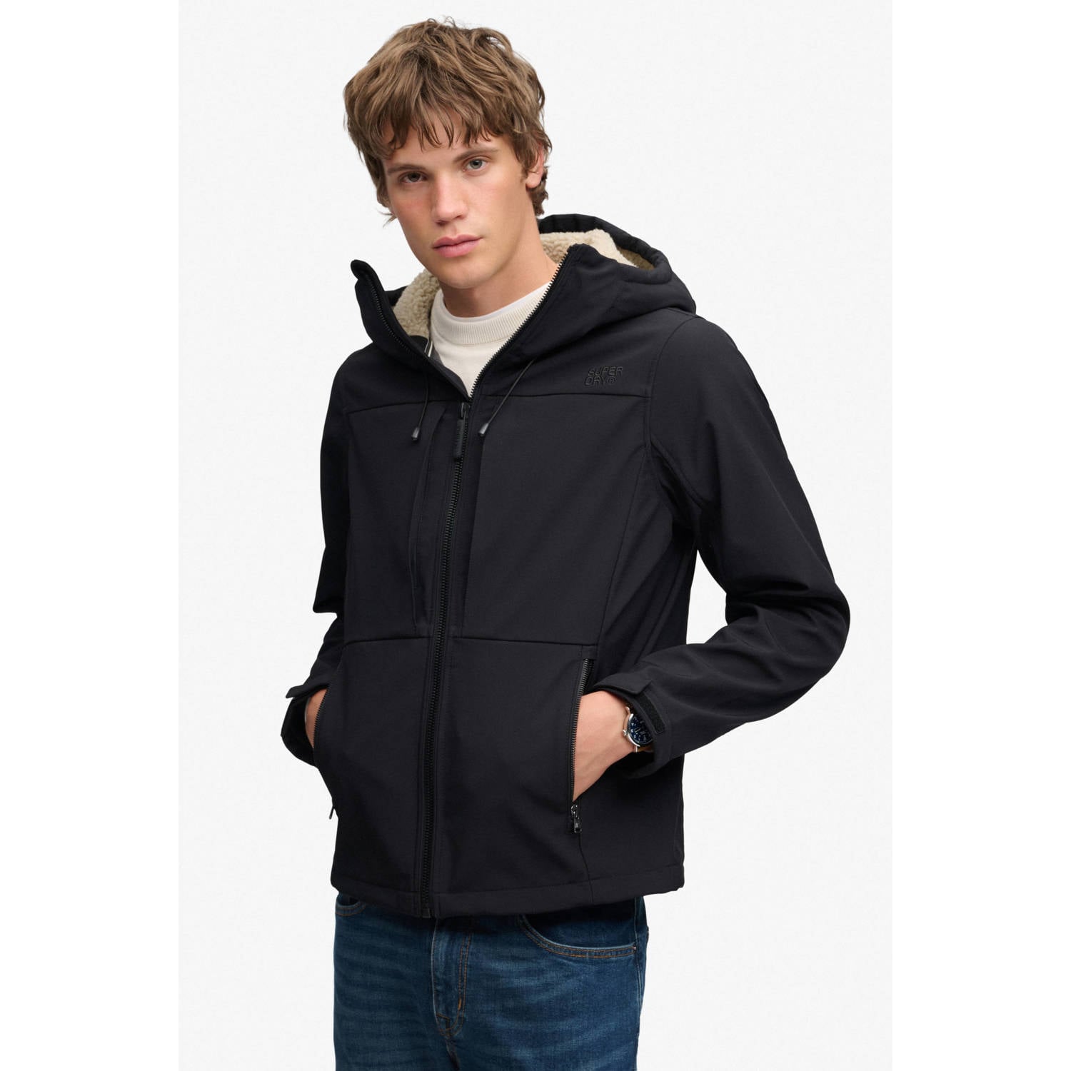 Superdry HOOD BORG TREKKER JKT teddy softshell jas zwart