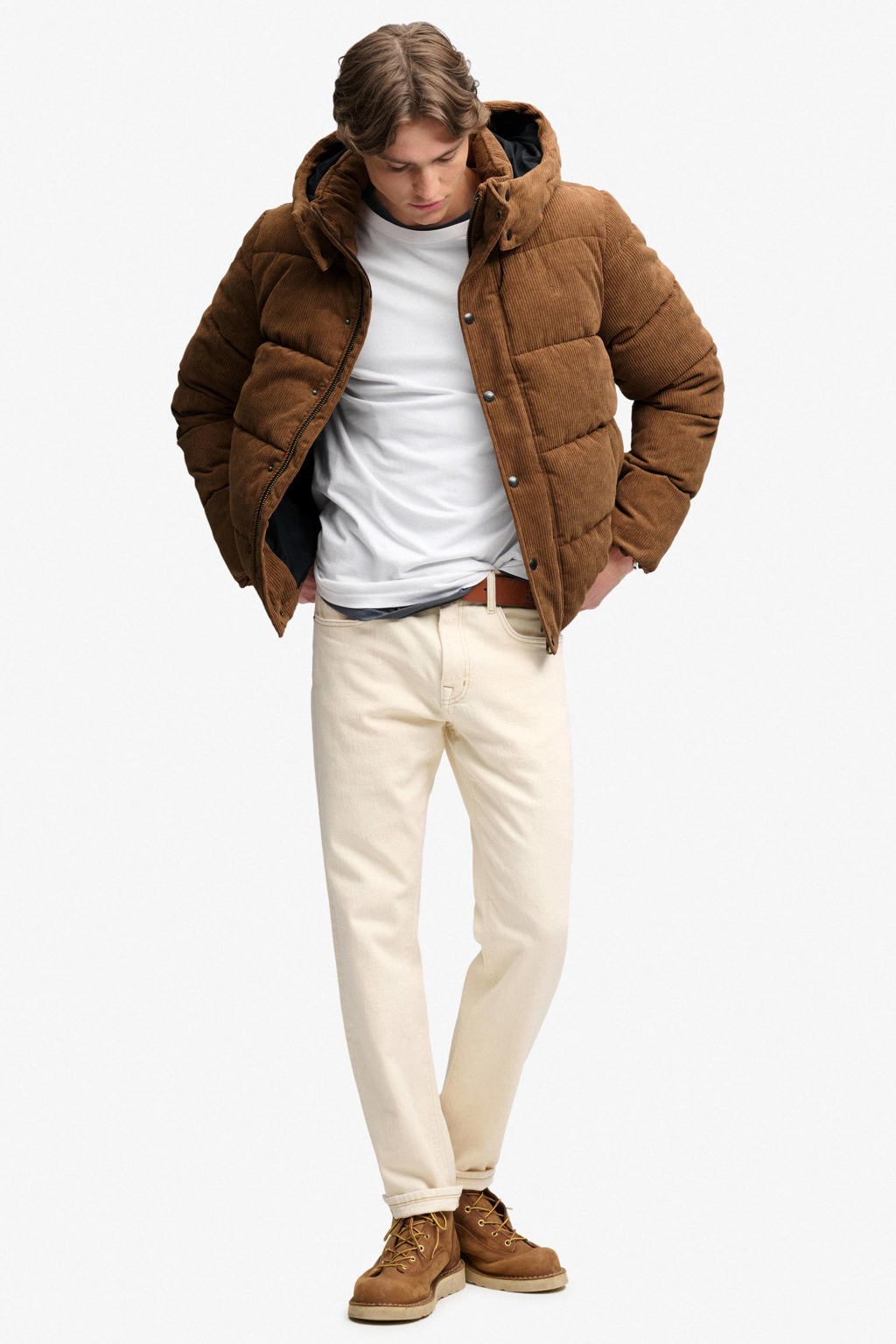 Bruine heren Superdry corduroy gewatteerde jas met effen, lange mouwen, capuchon en rits- en drukknoopsluiting