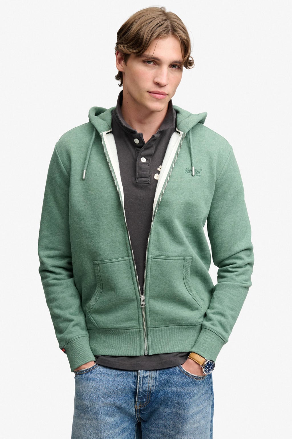 Groene heren Superdry sweatvest bay met effen, lange mouwen, capuchon en ritssluiting