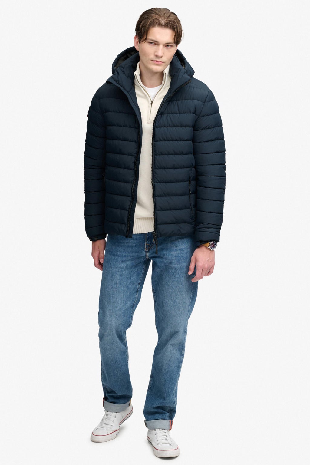 Donkerblauwe heren Superdry gewatteerde quilted jas van polyester met effen, lange mouwen, capuchon, ritssluiting en doorgestikte details