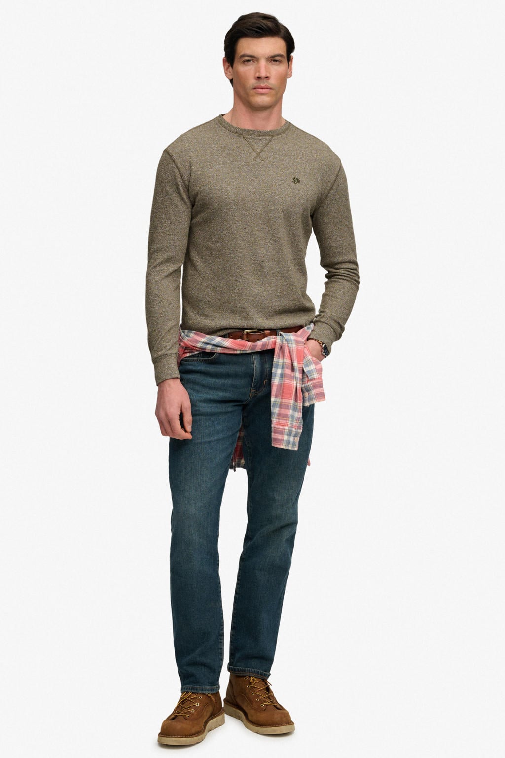 Groene heren Superdry regular fit longsleeve van katoen met melée print, lange mouwen, ronde hals en textuur