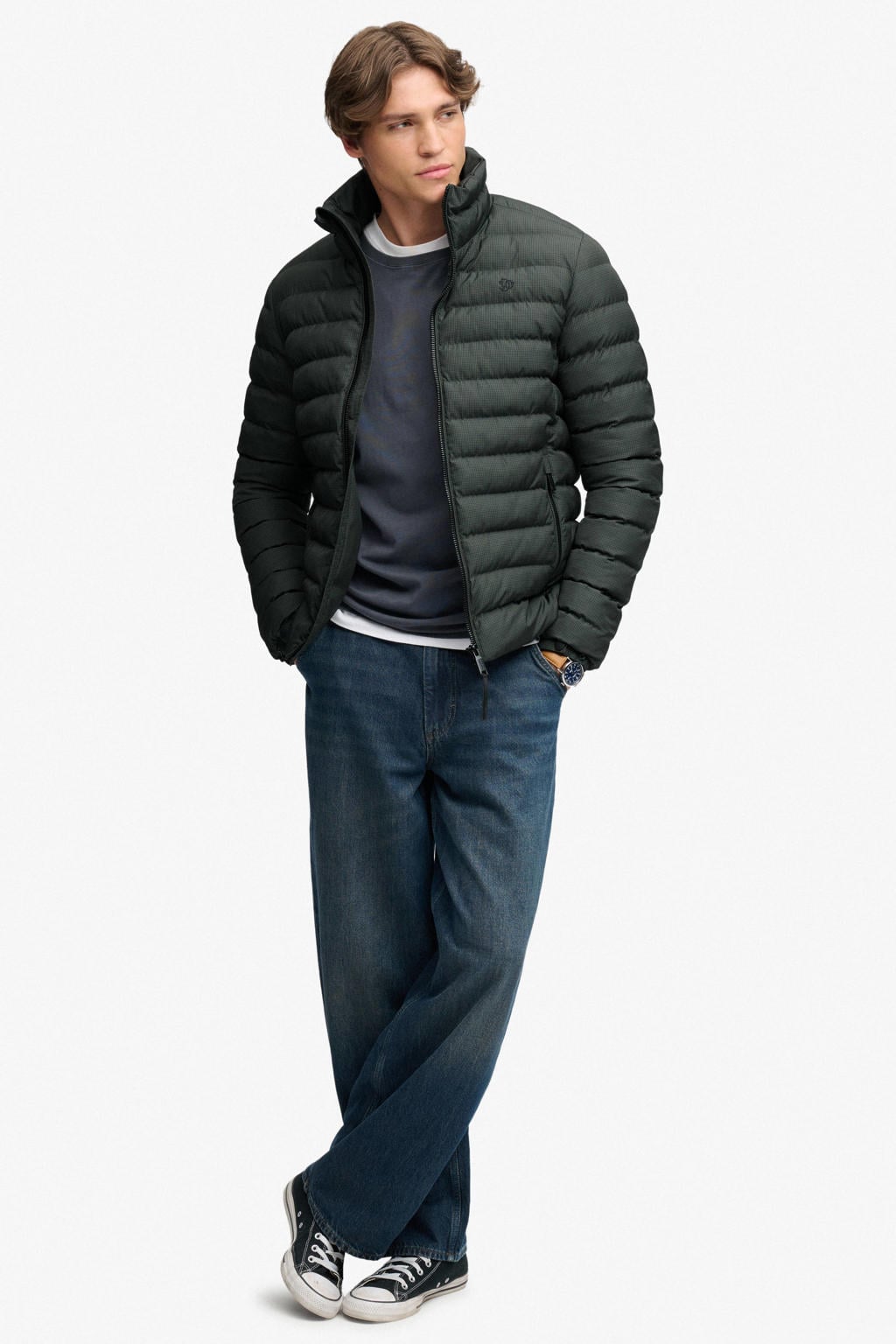 Donkergroene heren Superdry pied-de-poule quilted gewatteerde jas van nylon met lange mouwen, opstaande kraag, ritssluiting en doorgestikte details