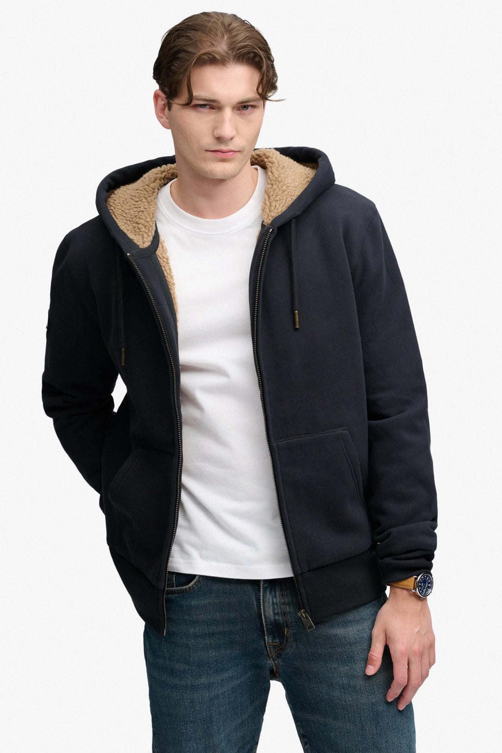 Donkerblauwe heren Superdry teddy sweatvest met effen, lange mouwen, capuchon en ritssluiting