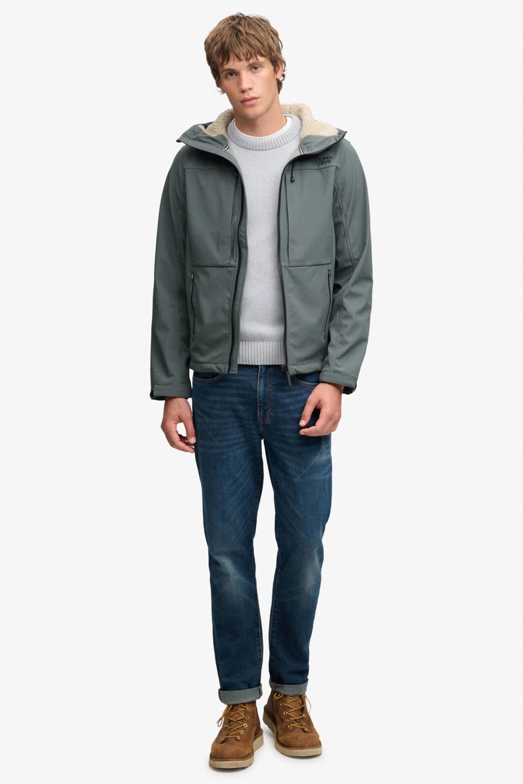 Superdry HOOD BORG TREKKER JKT teddy softshell jas - grijsgroen