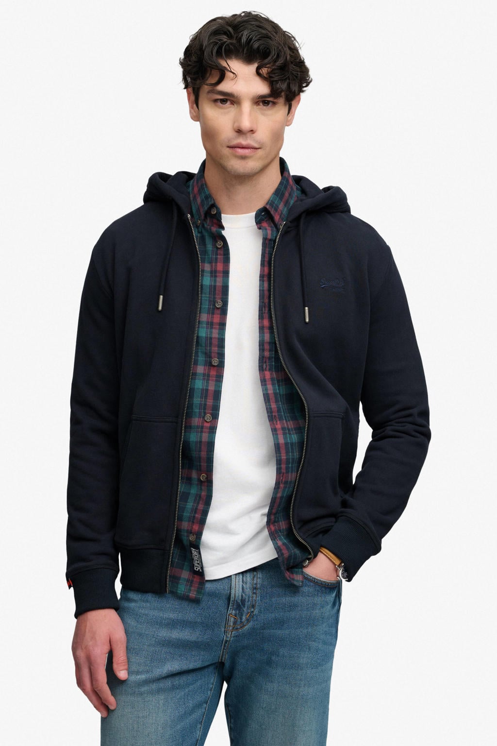 Donkerblauwe heren Superdry sweatvest met effen, lange mouwen, capuchon en ritssluiting