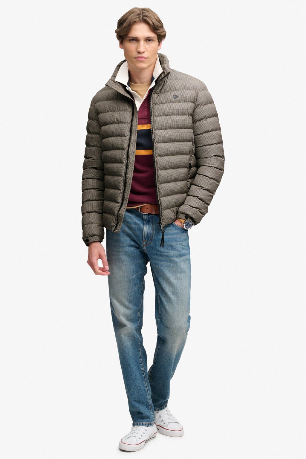 Taupe heren Superdry pied-de-poule quilted gewatteerde jas van nylon met lange mouwen, opstaande kraag, ritssluiting en doorgestikte details