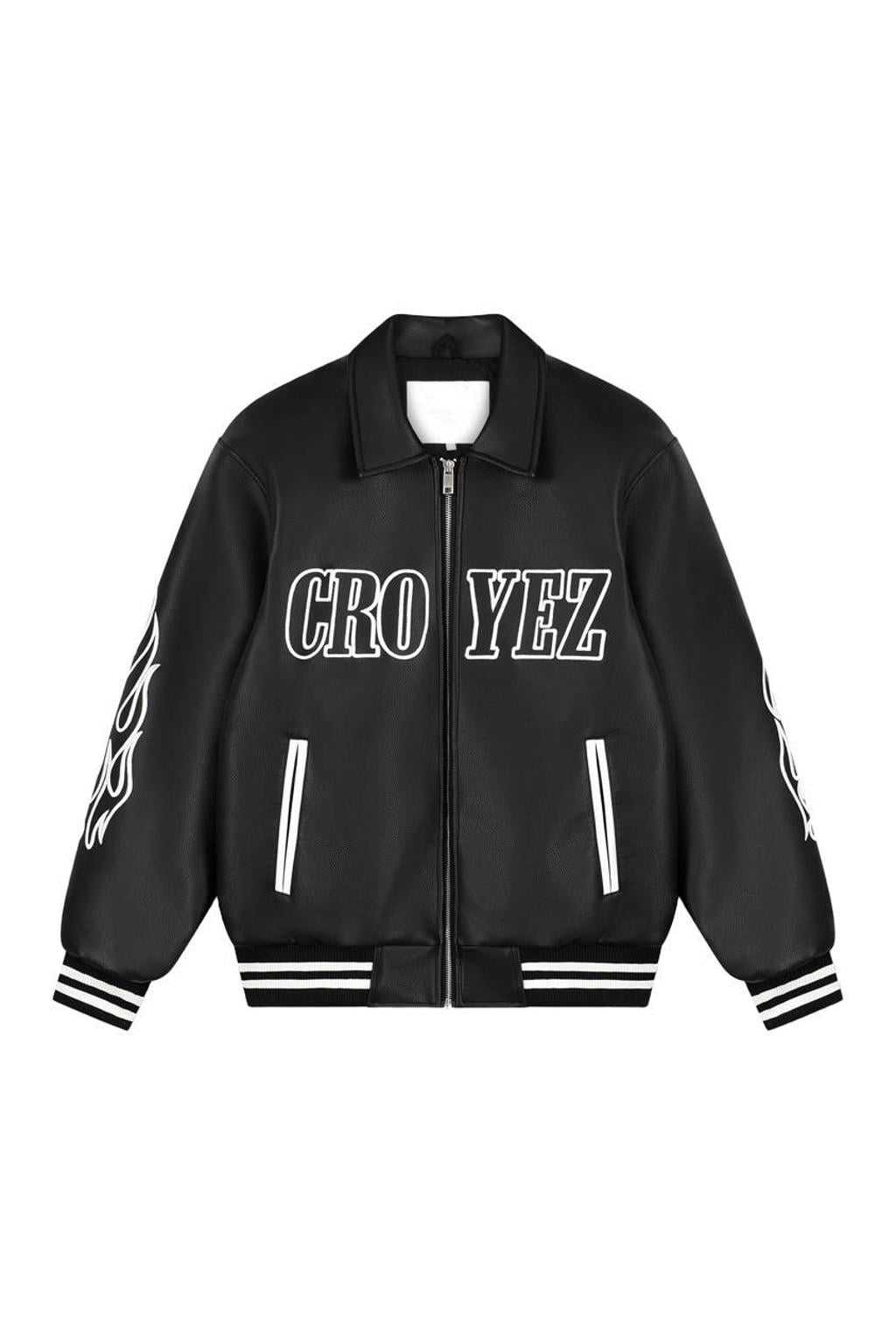 Zwarte heren Croyez imitatieleren baseballjack met backprint, lange mouwen, klassieke kraag, ritssluiting en geribde boorden