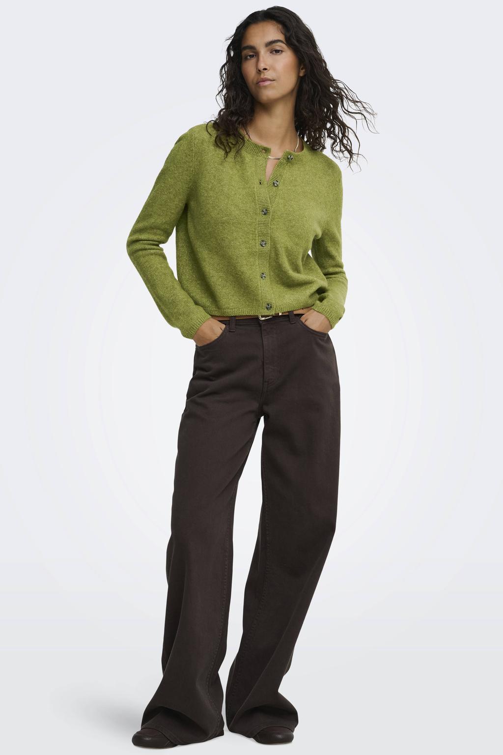 Groene dames JDY aansluitend gebreid vest van wol met effen, lange mouwen, ronde hals en knoopsluiting