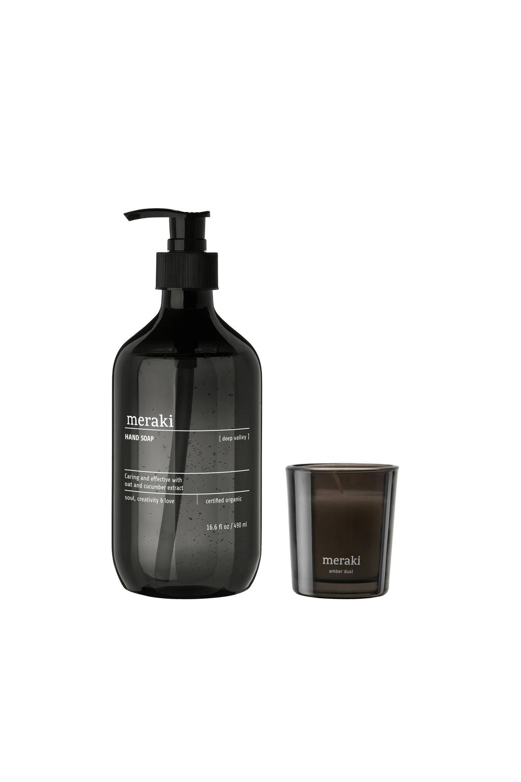 Meraki geschenkset - handzeep Deep Valley + geurkaars Amber Dust
