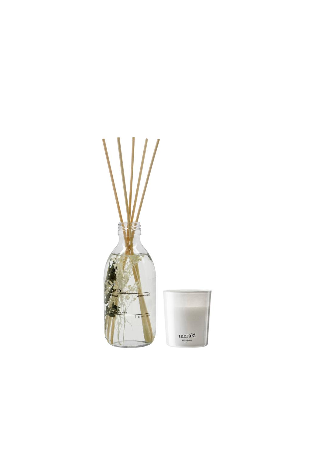 Meraki geschenkset - geurstokjes Drizzle + geurkaars Fresh Linen