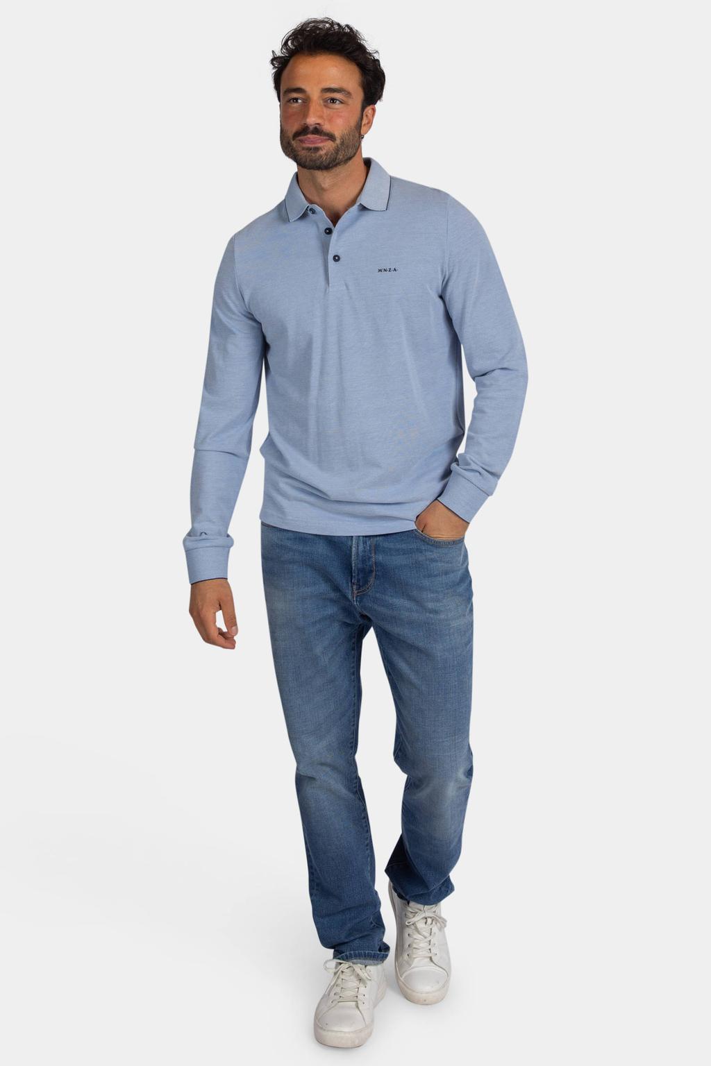 Lichtblauwe heren New Zealand Auckland regular fit gemêleerde polo van katoen met melée print en lange mouwen