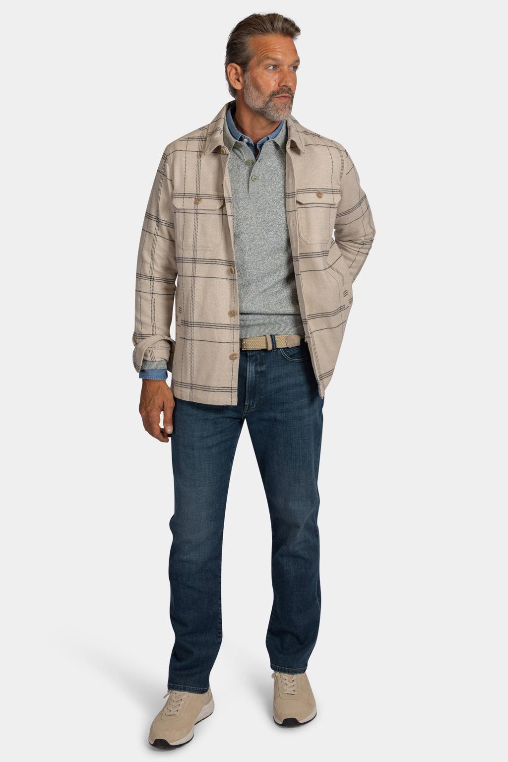 Beige heren New Zealand Auckland regular fit geruit overshirt tan sand van katoen met lange mouwen en klassieke kraag